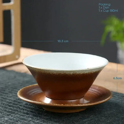 Handcrafted brown & amber ceramic latte coffee cup and saucer dining room