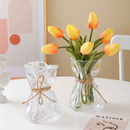 Handcrafted clear glass folded road vase set for living room decor