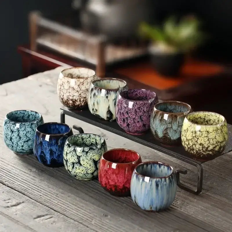 Handcrafted colorful egg style ceramic tea cup set dining room