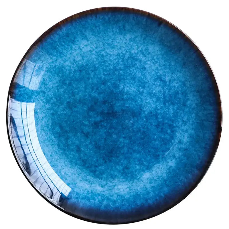 Handcrafted gradient blue ceramic round plate dining room set of 3