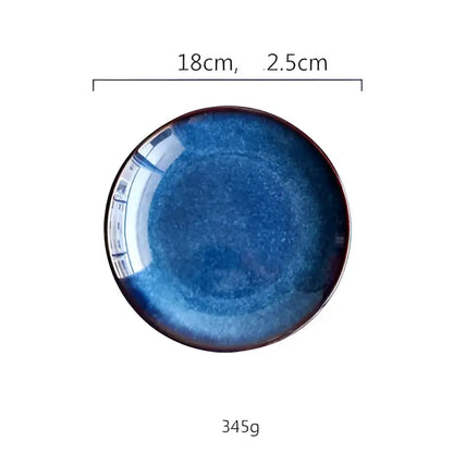 Handcrafted gradient blue ceramic round plate dining room set of 3