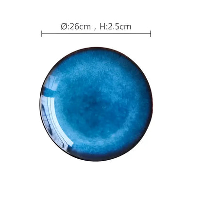 Handcrafted gradient blue ceramic round plate dining room set of 3
