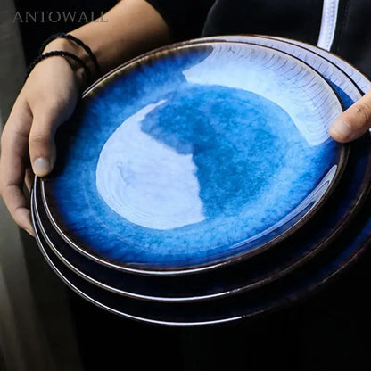 Handcrafted gradient blue ceramic round plate dining room set of 3
