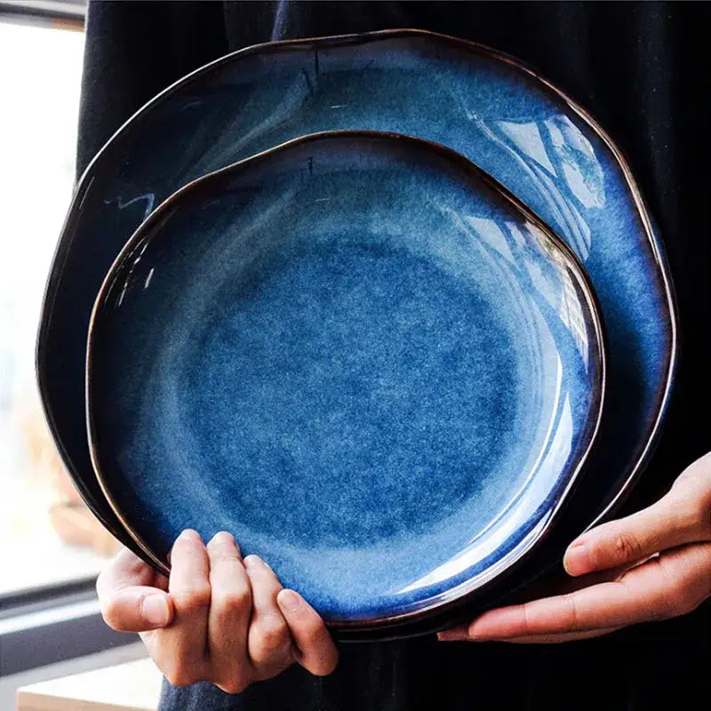 Handcrafted gradient deep blue ceramic dessert plate set dining room
