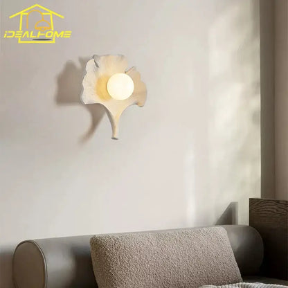 Handcrafted wooden ginkgo biloba resin wall lamp for bedroom