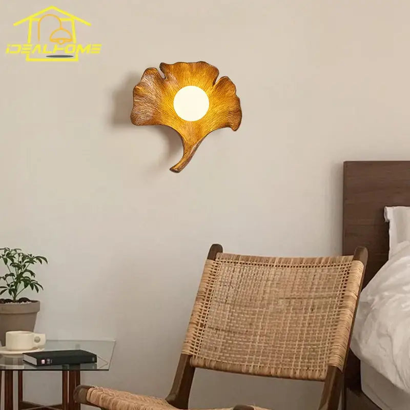 Handcrafted wooden ginkgo biloba resin wall lamp for bedroom