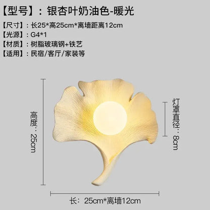 Handcrafted wooden ginkgo biloba resin wall lamp for bedroom