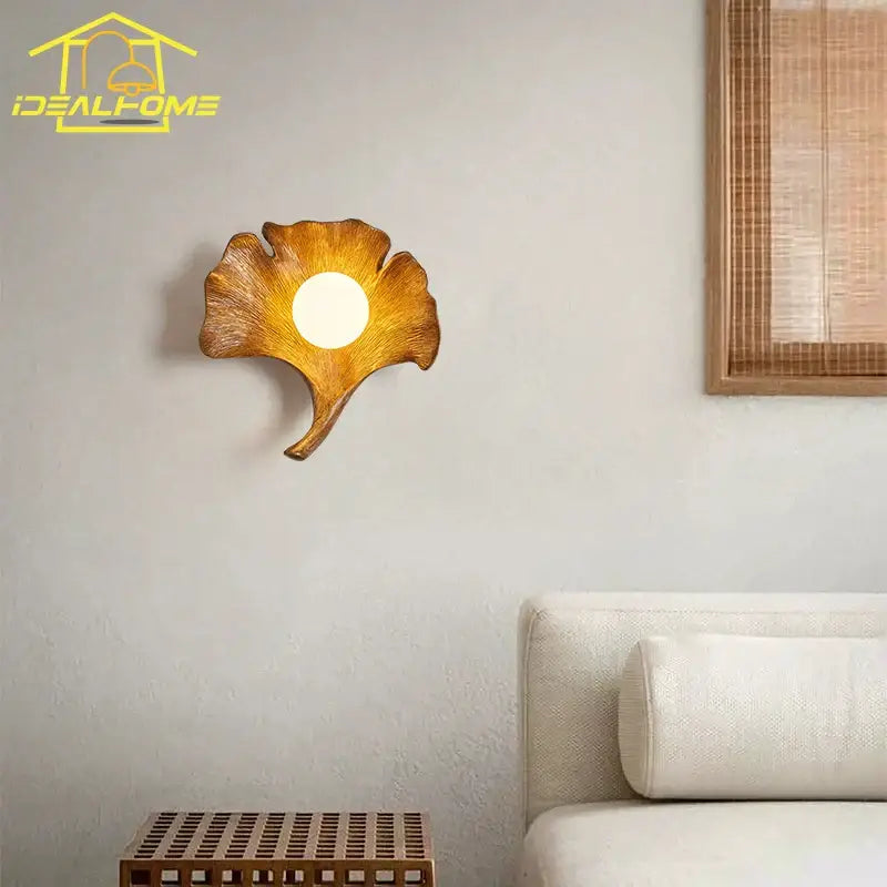 Handcrafted wooden ginkgo biloba resin wall lamp for bedroom