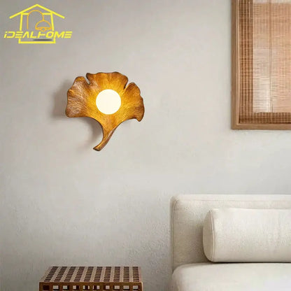 Handcrafted wooden ginkgo biloba resin wall lamp for bedroom
