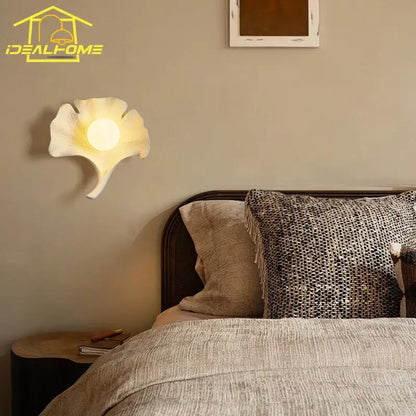 Handcrafted wooden ginkgo biloba resin wall lamp for bedroom