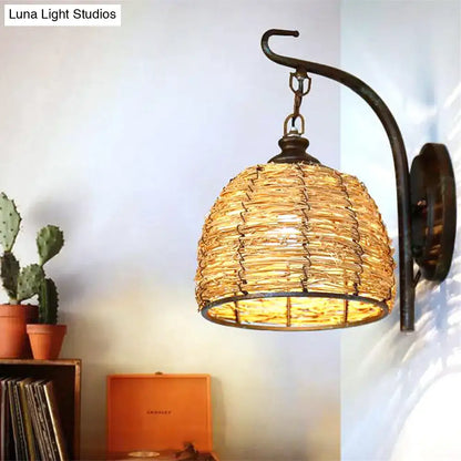 Handmade asian rattan dome wall sconce bedroom brown fixture type