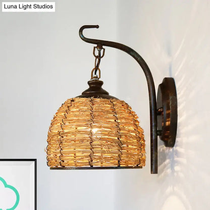 Handmade asian rattan dome wall sconce bedroom brown fixture type