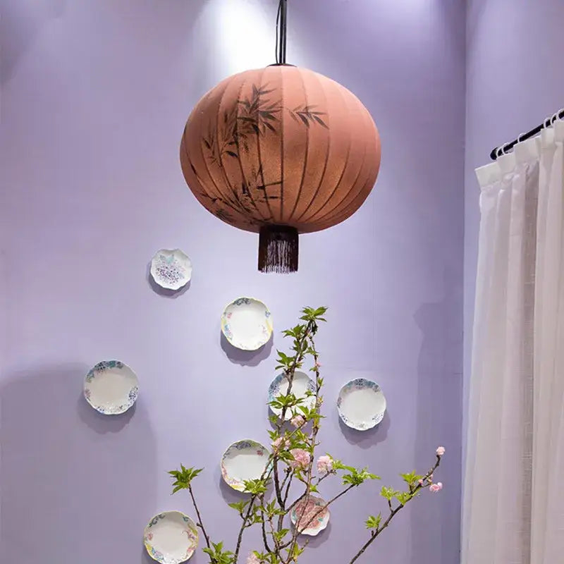 Handmade cream & peach bamboo lantern pendant dining room light