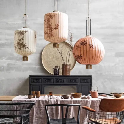 Handmade cream & peach bamboo lantern pendant dining room light