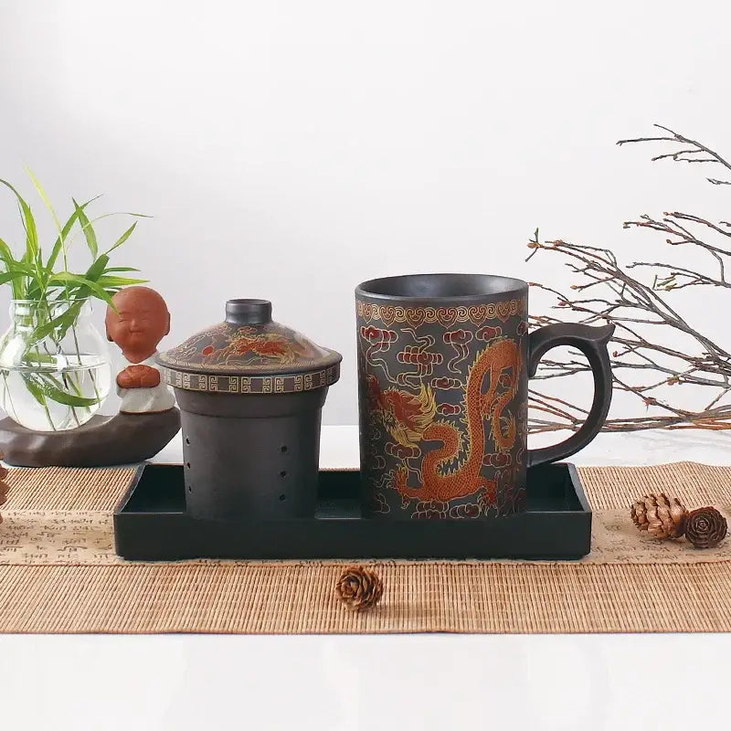 Handmade dragon purple clay tea mug set gray & orange dining room