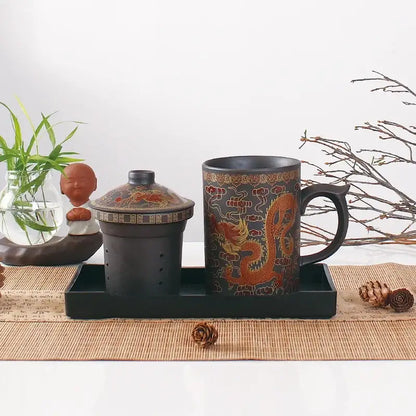 Handmade dragon purple clay tea mug set gray & orange dining room