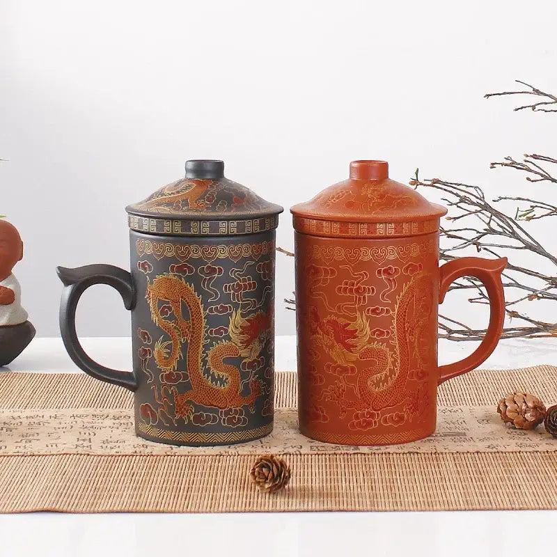 Handmade dragon purple clay tea mug set gray & orange dining room