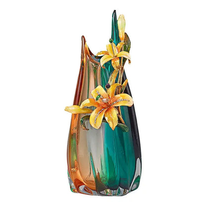 Handmade enamel vase in teal & amber with golden lilies living room