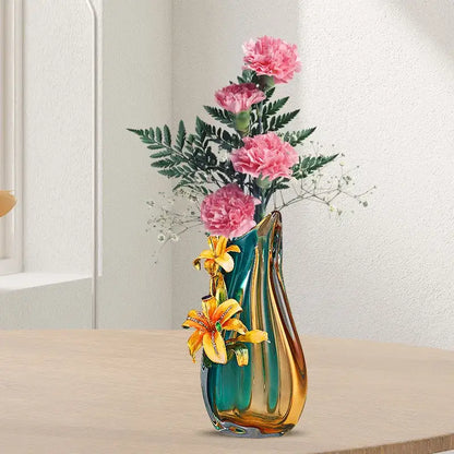 Handmade enamel vase in teal & amber with golden lilies living room