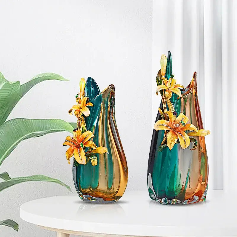 Handmade enamel vase in teal & amber with golden lilies living room