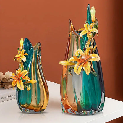 Handmade enamel vase in teal & amber with golden lilies living room