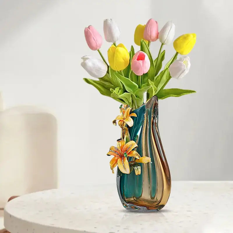 Handmade enamel vase in teal & amber with golden lilies living room