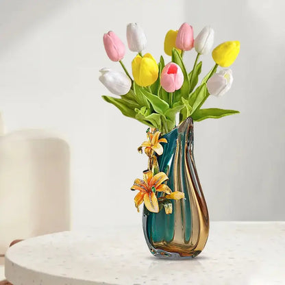 Handmade enamel vase in teal & amber with golden lilies living room