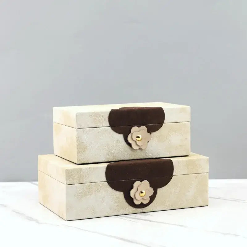 Handmade floral cream & brown leather jewelry box bedroom organizer