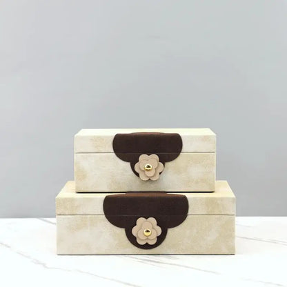 Handmade floral cream & brown leather jewelry box bedroom organizer