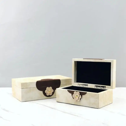Handmade floral cream & brown leather jewelry box bedroom organizer