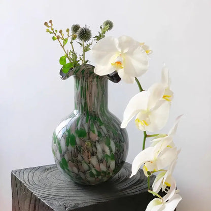 Handmade glass vase emerald & silver swirling decor – living room