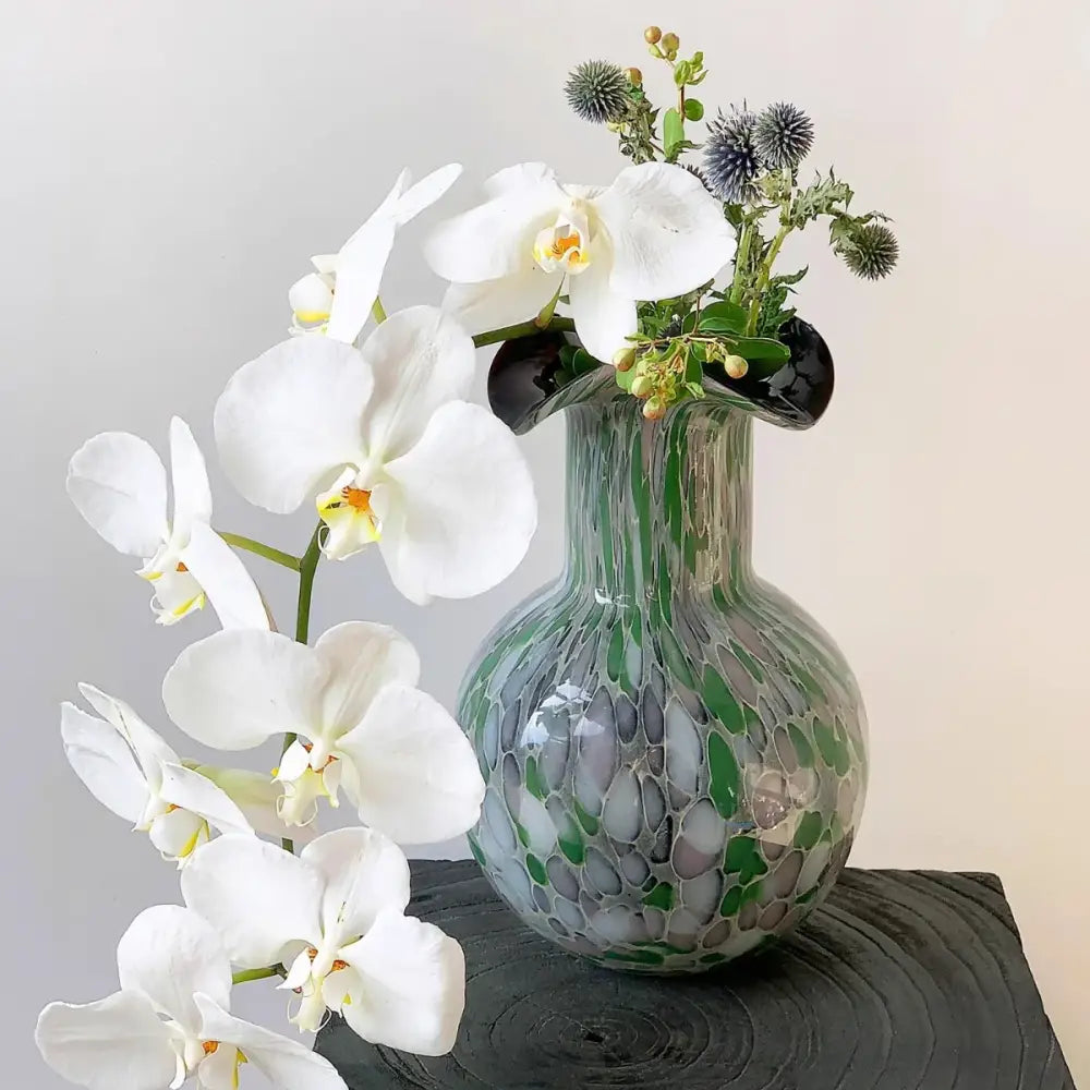 Handmade glass vase emerald & silver swirling decor – living room