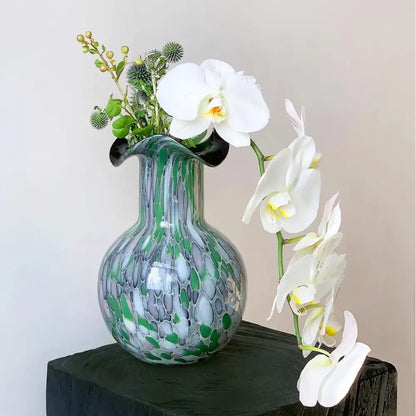 Handmade glass vase emerald & silver swirling decor – living room