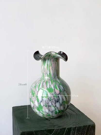 Handmade glass vase emerald & silver swirling decor – living room
