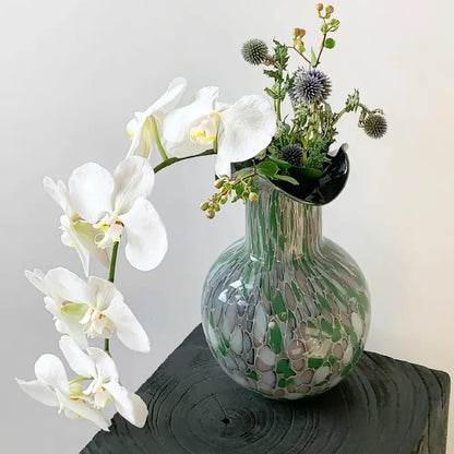 Handmade glass vase emerald & silver swirling decor – living room