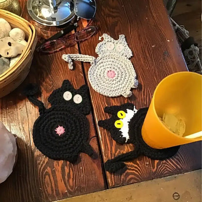 Handmade gray crocheted cat butt coasters dining room decor set of 4