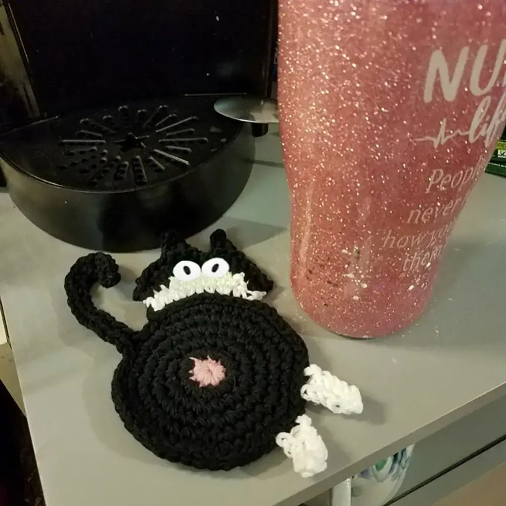 Handmade gray crocheted cat butt coasters dining room decor set of 4