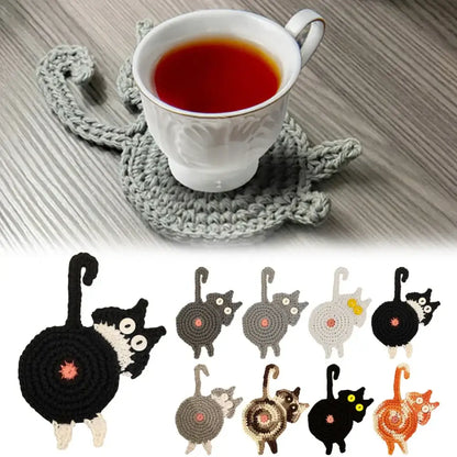 Handmade gray crocheted cat butt coasters dining room decor set of 4