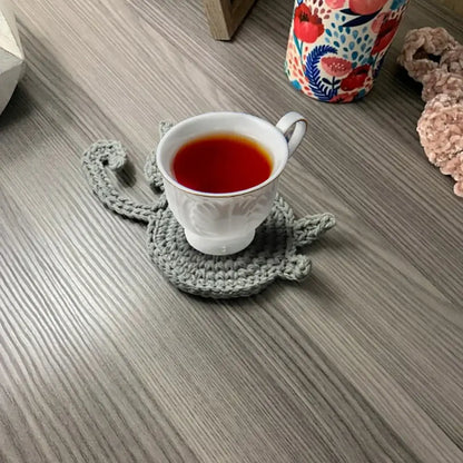 Handmade gray crocheted cat butt coasters dining room decor set of 4