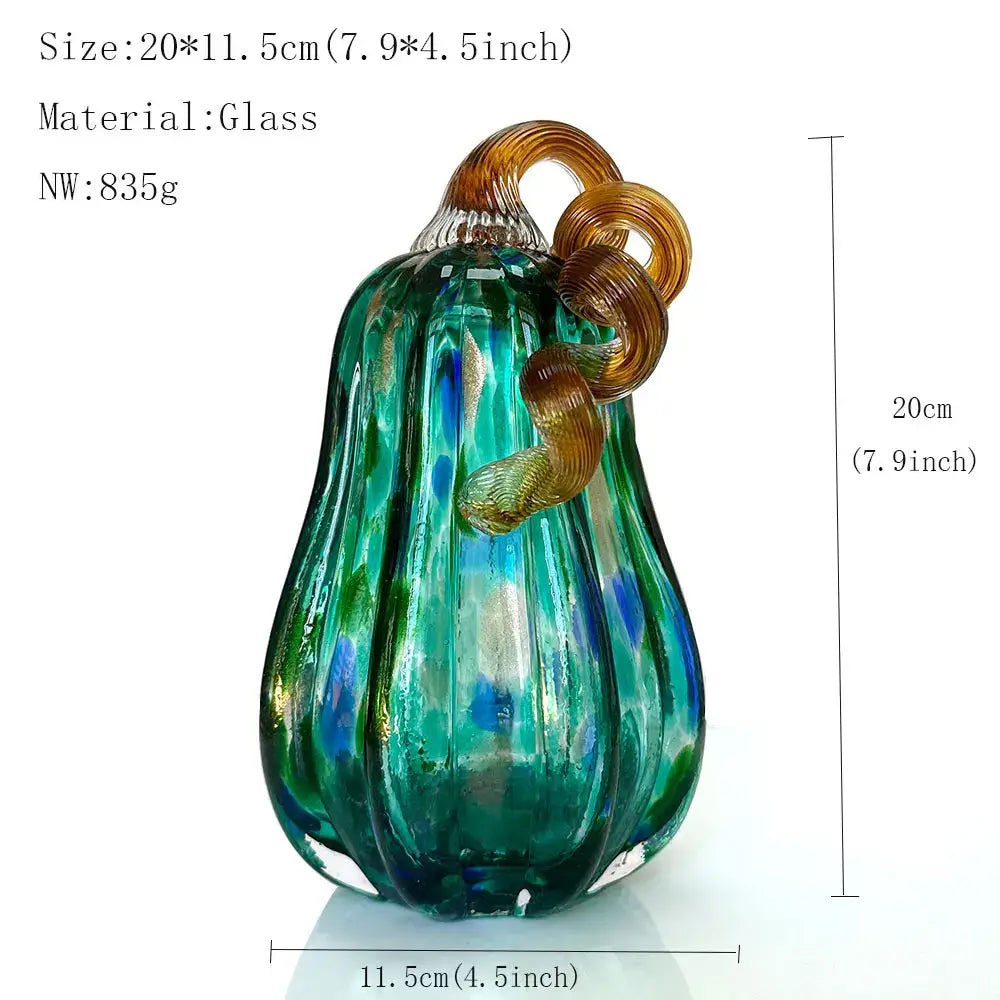 Handmade iridescent teal & green glass pumpkin figurines living room