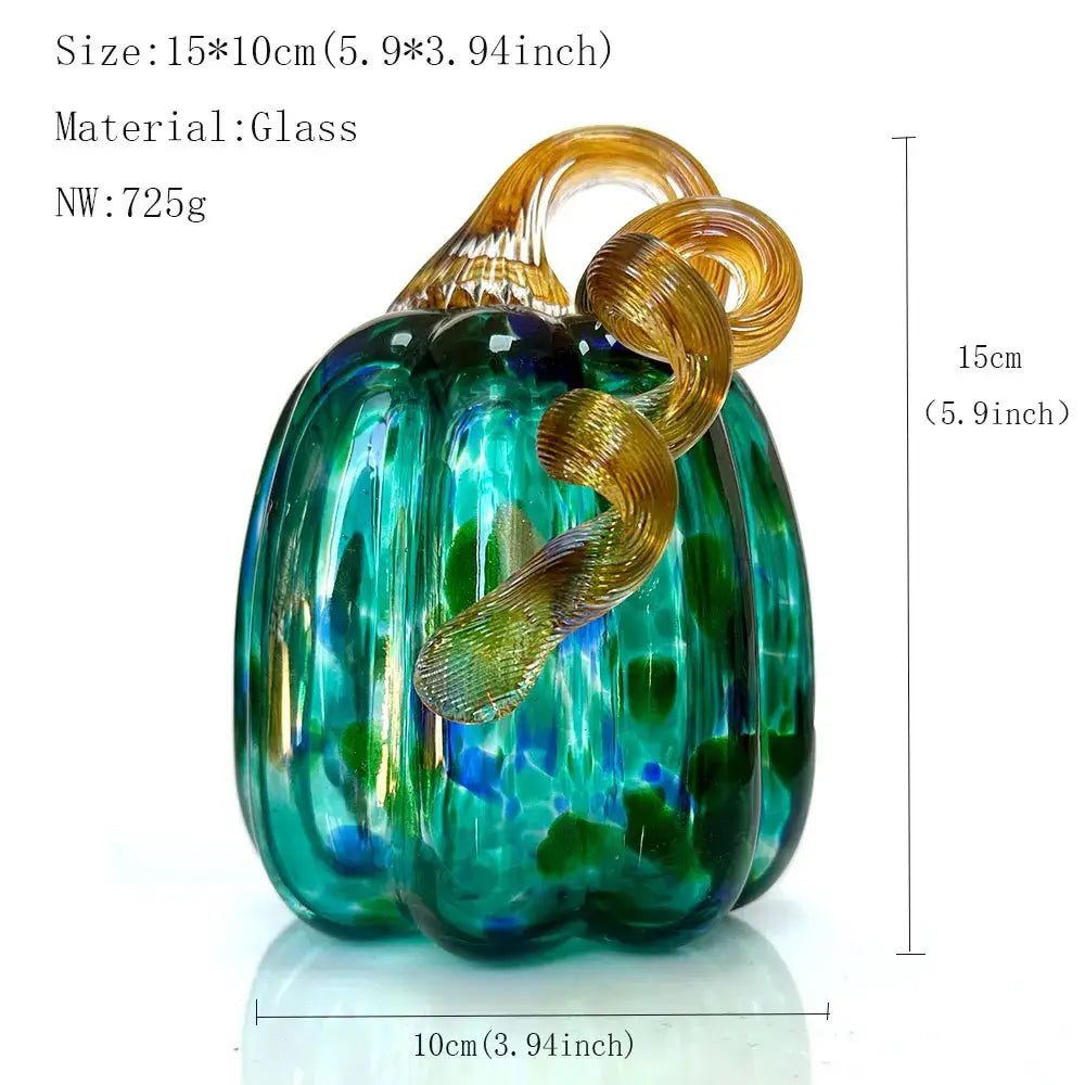 Handmade iridescent teal & green glass pumpkin figurines living room
