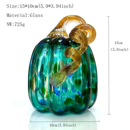 Handmade iridescent teal & green glass pumpkin figurines living room