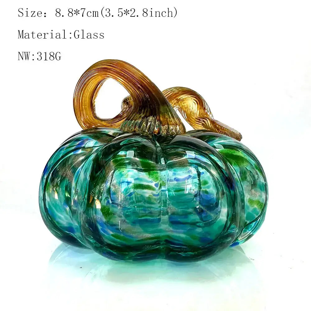 Handmade iridescent teal & green glass pumpkin figurines living room
