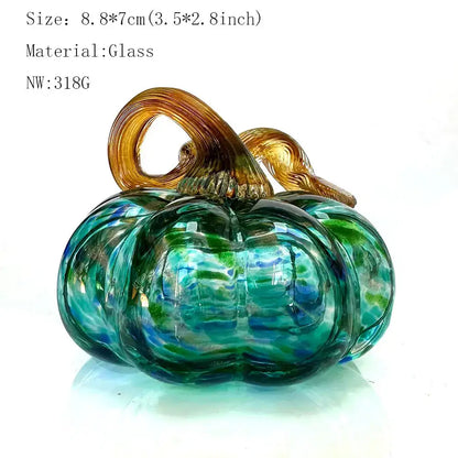 Handmade iridescent teal & green glass pumpkin figurines living room
