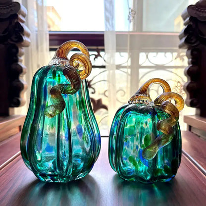 Handmade iridescent teal & green glass pumpkin figurines living room