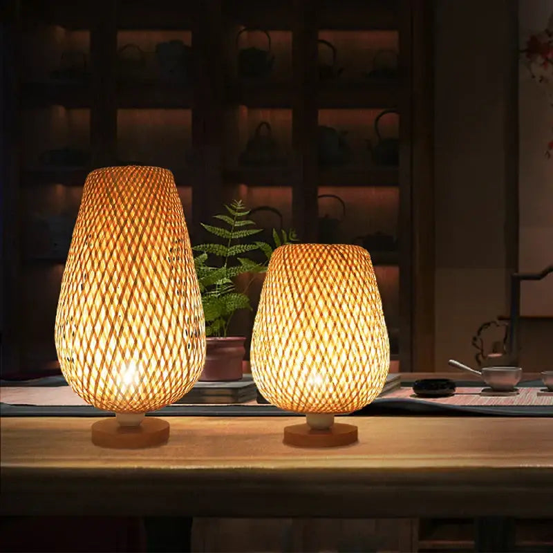 Handmade lattice woven bamboo table lamp bedroom wood light