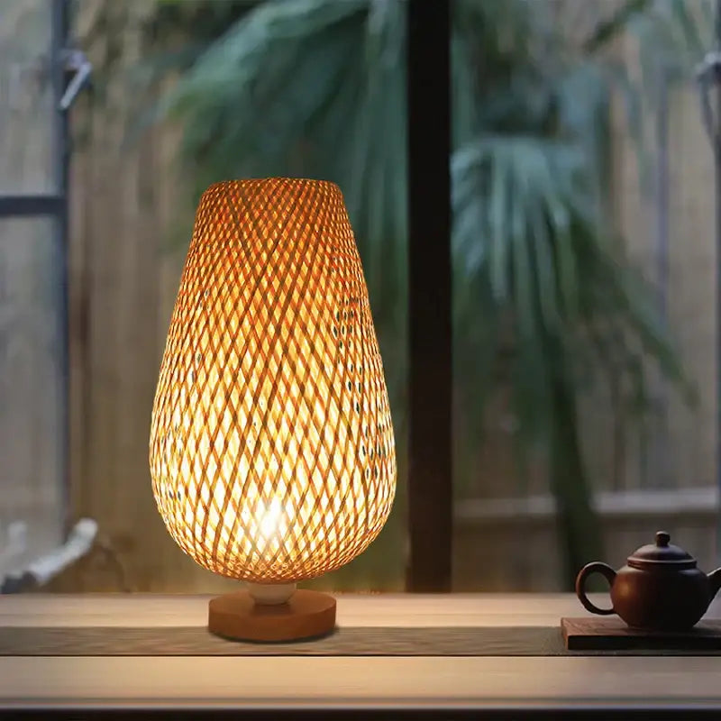 Handmade lattice woven bamboo table lamp bedroom wood light