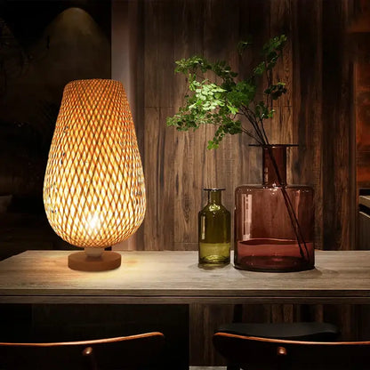 Handmade lattice woven bamboo table lamp bedroom wood light