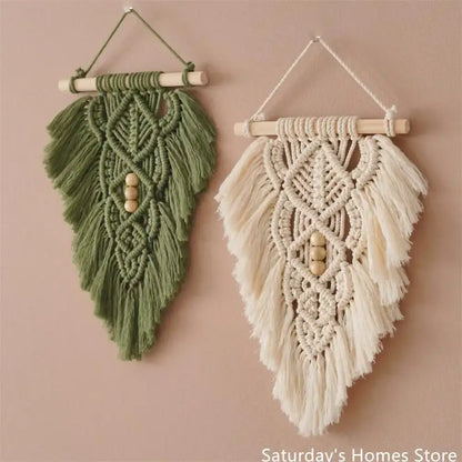 Handmade macrame leaf wall hanging olive green & off-white bedroom decor