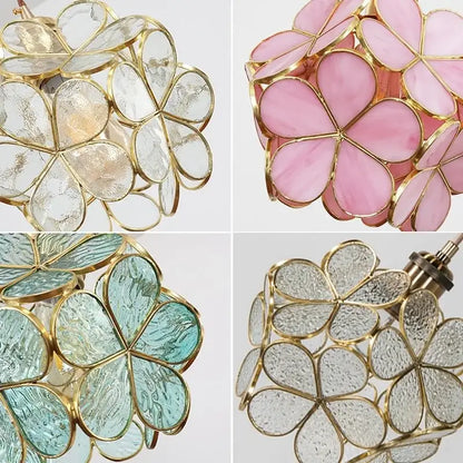 Handmade pink & teal glass petal pendant light bedroom flower lamp